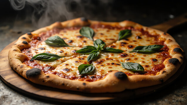 Rustic Pizza Fresh from Oven with Melted Cheese, Basil, and Charred Crust | Steaming Hot Pizza, Authentic Italian Style, Gourmet Pizza Photography, Wood-Fired Oven, and Culinary Concept