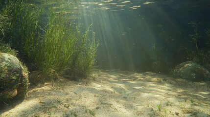 Underwater scene with sandy bottom and light rays piercing water