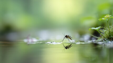 Mosquito Standing on Water with Reflection and Green Background