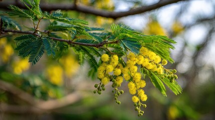 Mimosa Tree Branch with Yellow Flowers and Green Leaves