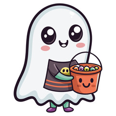 Cute kawaii ghost character holding a jack o lantern bucket full of candy isolated on transparent background