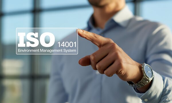 Businessman touching virtual ISO 14001 environmental management system icon, ideal for promoting corporate sustainability certification and compliance standards