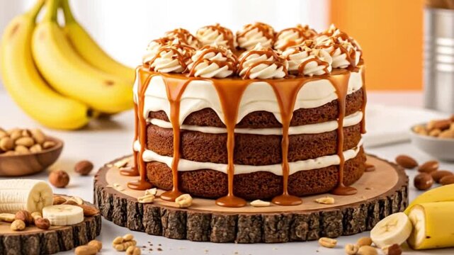 A decadent banana cake with caramel drizzle, topped with whipped cream and nuts, sits on a wooden board with bananas and nuts around it