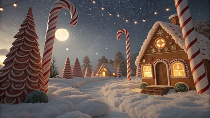 Winter wonderland candy cane lane decorates a cozy gingerbread village under a starry sky
