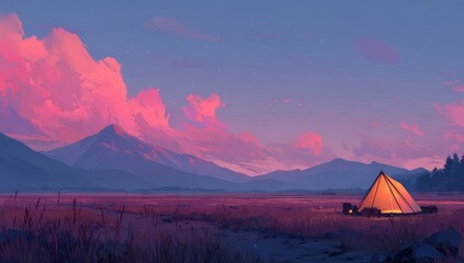 Serene mountain landscape at sunset, illuminated tent