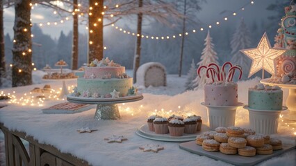 Festive winter dessert table snowy forest photography magical evening outdoor celebration vibe with twinkling lights