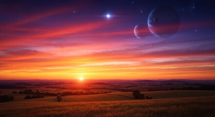 A vibrant sunset over a field, with celestial bodies