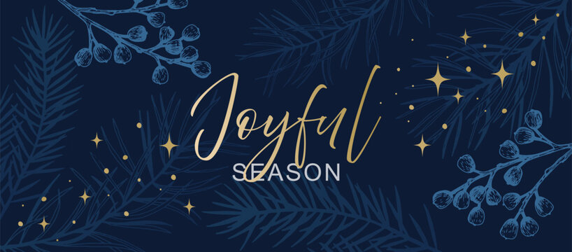 
Festive holiday banner with golden Joyful Season lettering on a navy blue background, decorated with pine branches, berries, and stars for Christmas celebration design