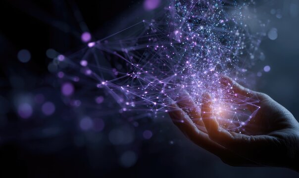 A hand holds a swirling, interconnected network of glowing points and lines in purple and blue
