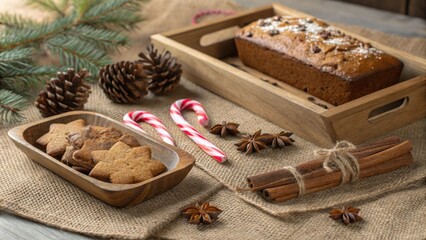Holiday baking event gingerbread cookies and cake cozy kitchen food photography festive atmosphere rustic viewpoint