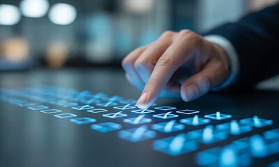 Close-up of hand interacting with futuristic glowing touchscreen interface, ideal for illustrating digital technology innovation and user experience design concepts