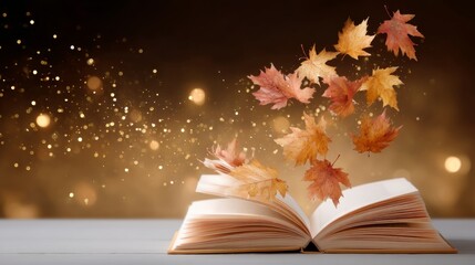 Enchanting autumn scene featuring an open hardcover book with glowing fall leaves floating above goldenlit pages, creating a warm, nostalgic atmosphere with soft textures and inviting copy space