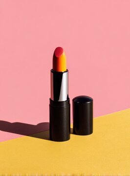 Vibrant lipstick in a black tube, against a pink and yellow backdrop