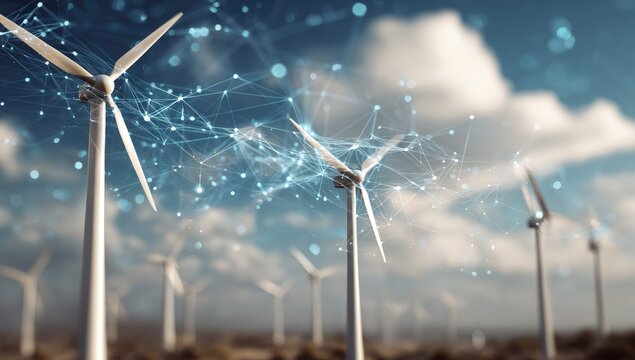 Wind turbines in a field, overlaid with digital network