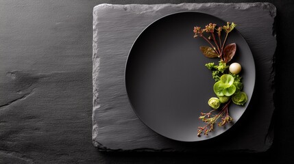 Minimalist fine dining plate on black slate, elegant styling.
