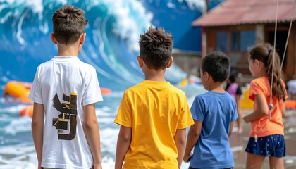Scene of schoolchildren learning about tsunamis through a safety workshop
