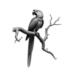Detailed monochrome parrot perched on a branch isolated on transparent background