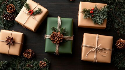 Festive Christmas Gift Boxes with Brown Wrapping Surrounded by Pine Boughs for Holiday Cheer