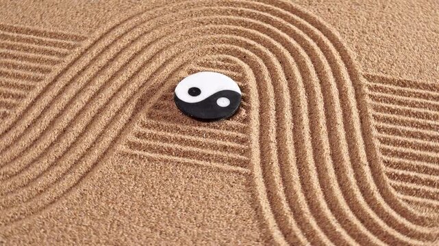Japanischer ZEN Garten der Meditation und Entspannung f&uuml;r K&ouml;rper, Geist und Seele mit Sand und Yin Yang Steinen in Rotation