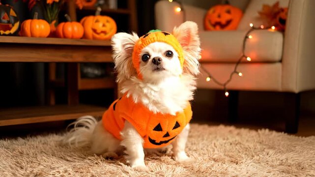 Charming Chihuahua wearing pumpkin costume poses amidst Halloween decorations. Cozy indoor setting with soft carpet and decorative pumpkins. Concept of pet apparel, holiday celebrations, animal joy