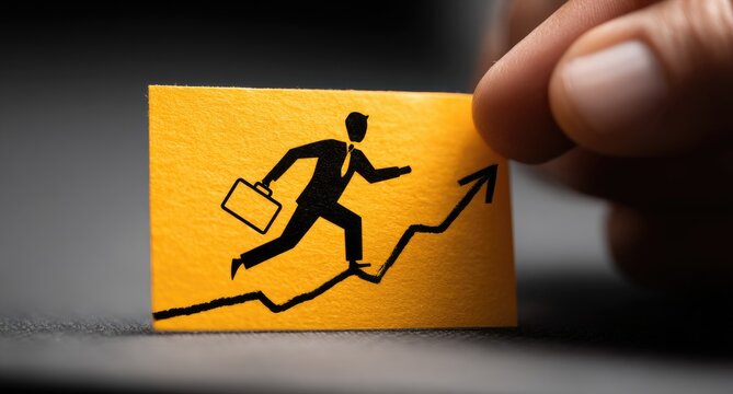 A yellow card with a running businessman graphic on a rising graph, held by a hand