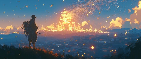 A lone traveler stands on a hill, gazing at a city engulfed in flames during sunset. The sky is filled with vibrant colors and sparks.