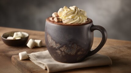 Warm rich hot cocoa in a matte black mug topped with fluffy marshmallows and swirling whipped cream on a cozy wooden surface with copy space