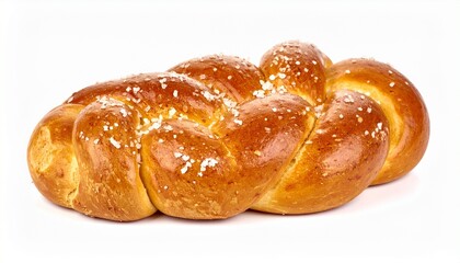 Two golden brown soft pretzels sprinkled with coarse salt, placed side by side on a white background, showcasing glossy surface and freshly baked texture.