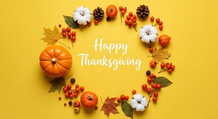 Happy Thanksgiving Greeting Framed by a Rustic Autumn Wreath of Pumpkins, Cotton Bolls, and Berries on a Vibrant Yellow Background.