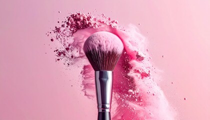 Makeup brush dispersing pink powder on solid pink background