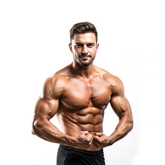 Fototapeta premium Muscular man flexing his biceps in front on a white background