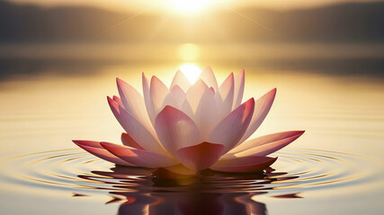 Golden Sunrise Glow on Water with Pink Lotus Flower Silhouette