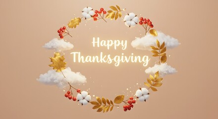 Warm Autumnal Happy Thanksgiving Wreath with Golden Leaves, Red Berries, Cotton, and Clouds on Peach