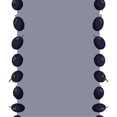 Olive black berry seamless border vertical frame template. Vector graphic line ink colored illustration. Silhouette sign for logo, print, comics, fashion, pop art, boards, design, stickers