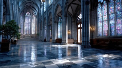 Fototapeta premium Grand Gothic Cathedral Interior with Stained Glass Windows and Marble Floor in Cinematic Lighting with High Dynamic Range