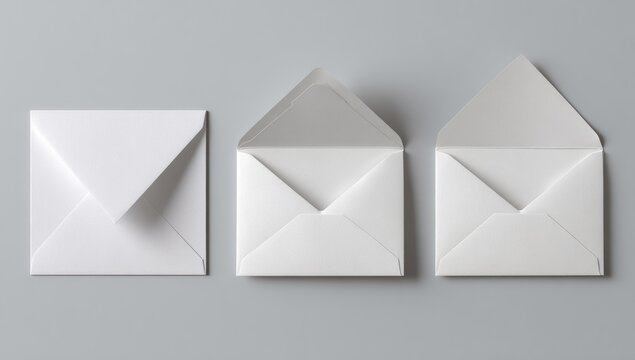 Three blank, white square envelopes, one closed, one open, one open & slightly angled, on a gray background