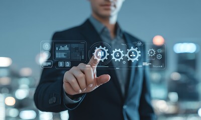 Businessman interacting with AI-driven virtual interface and futuristic data icons, ideal for illustrating innovation, automation, and digital transformation concepts