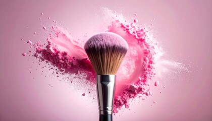 Makeup brush dispersing pink powder on solid pink background
