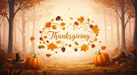 Enchanted Thanksgiving Forest: Pumpkins, Acorns, and Festive Foliage in Golden Light