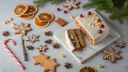 Festive cake and gingerbread cookies holiday table food photography cozy kitchen aesthetic view celebratory