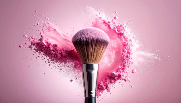 Makeup brush dispersing pink powder on solid pink background