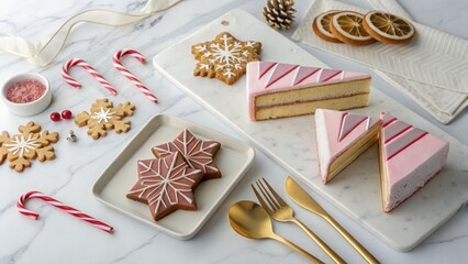 Holiday dessert display featuring festive cakes and cookies on marble surface culinary art cozy atmosphere aesthetic viewpoint
