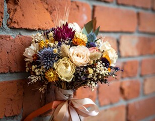 Dried flower bouquet against brick
