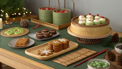 Festive holiday dessert display kitchen food photography cozy environment top-down view cheerful for festive gatherings
