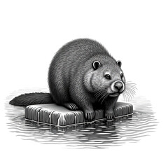 Engraving of a beaver sitting on a log isolated on transparent background