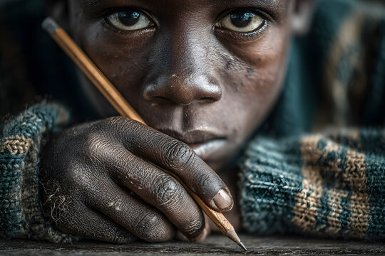 african education close up - macro photography of a black african school kid hand holding a pencil, inside a classroom in the Gambia, Africa