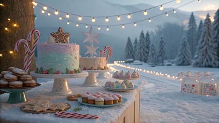 Winter wonderland celebration festive cakes snowy landscape outdoor event cozy atmosphere whimsical viewpoint holiday spirit
