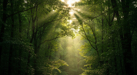 Fototapeta premium Sunlight streams through lush green forest canopy creating ethereal rays, evoking peace and natural wonder.