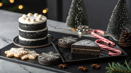 Festive dessert spread featuring chocolate cake and cookies cozy kitchen food photography holiday vibes warm atmosphere