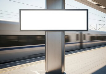 Blank digital billboard at a modern train station platform with a high-speed train passing in the background, perfect for advertising and public information
